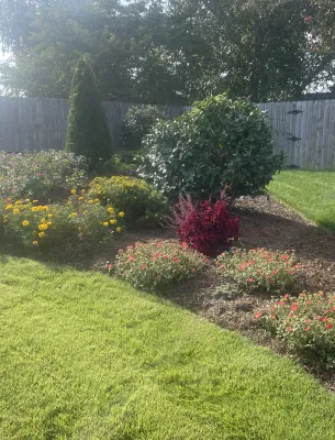 Beautiful garden bed with yellow, red, and purple flowers